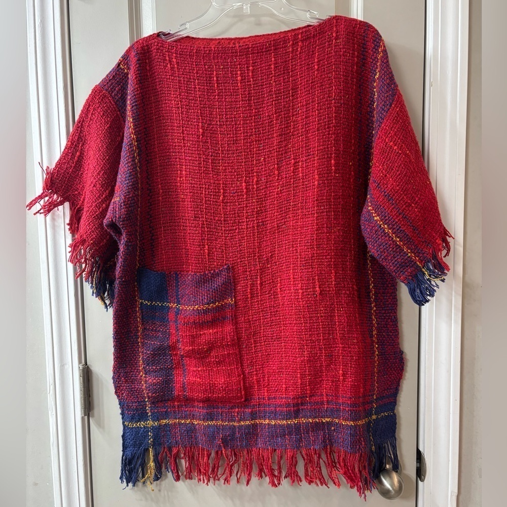 Judi Gaston One of a kind Hand Woven Red & Blue Tunic w/Fringe